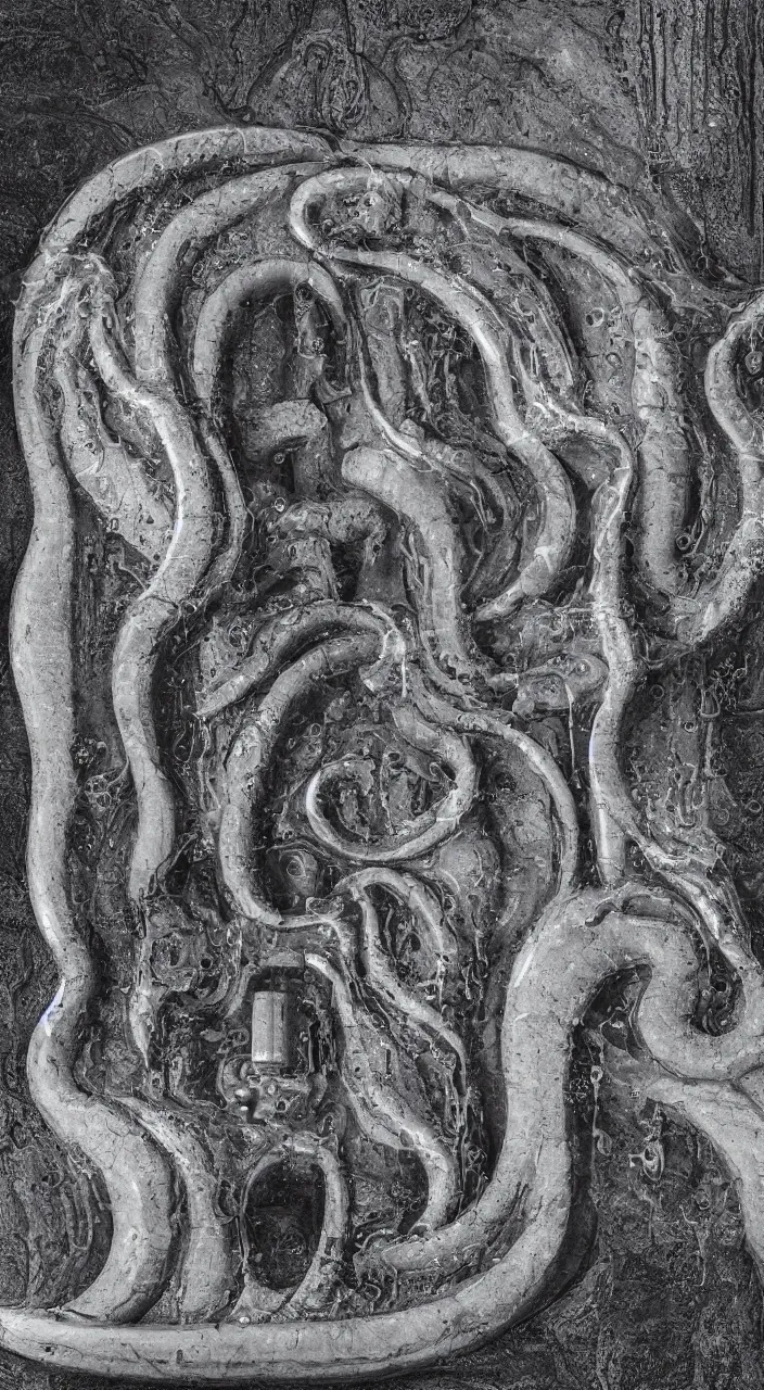 Image similar to a stream of water flowing into a machine made from clay amphoras and producing a coin, in the style of H R Giger, architectural photograph , isometric views, kidneys, marble texture , 8k