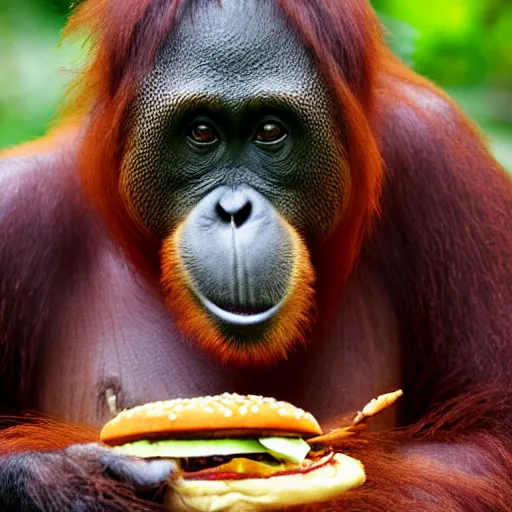 Image similar to an orangutan sitting at a desk, eating a burger, photorealism, 4 k, 8 k, shot by jimmy nelson, intricate