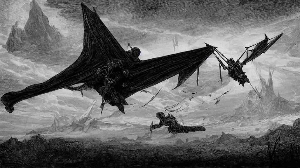 Prompt: drawing of an ornithopter flying toward a desert storm, by gustave dore, nineteenth century, black and white, vintage, science fiction, epic composition, dramatic lighting, highly detailed, cinematic, in the style of the movie dune