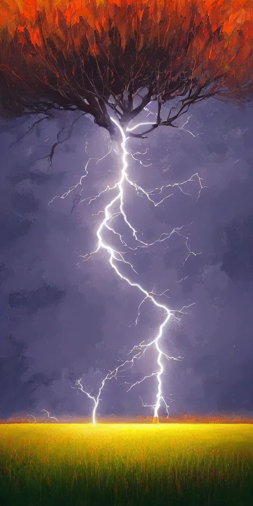 Image similar to lightning strikes a tree in the middle of a field, painting By Alena Aenami,