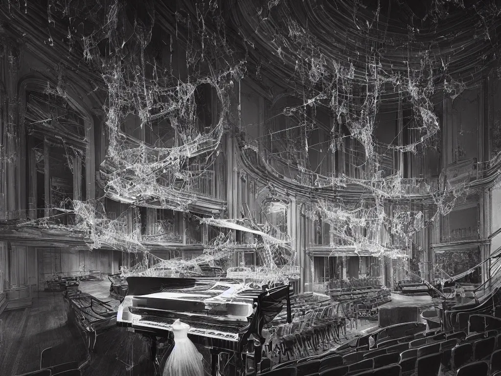 Image similar to “ grand piano encased in spiderwebs that stretch up to the ceiling in an opulent empty concert hall, photorealism, cinematic lighting, dramatic, melancholy, atmospheric ”