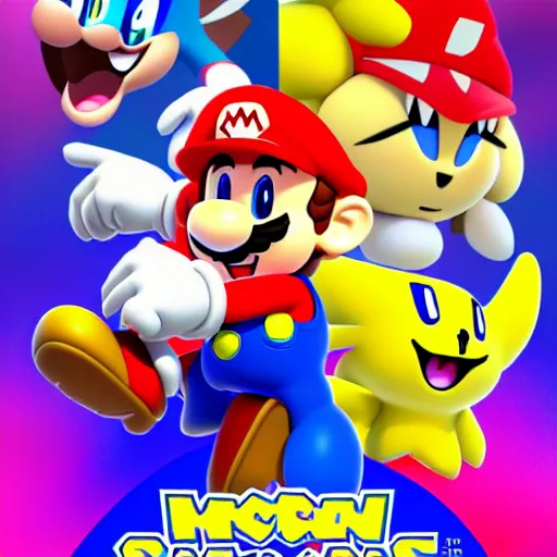 Image similar to super mario, kirby, sonic the hedgehog, super smash bros, star wars themed movie poster high detail accurate eyes and good gesture poses, pokemon anime cartoon style