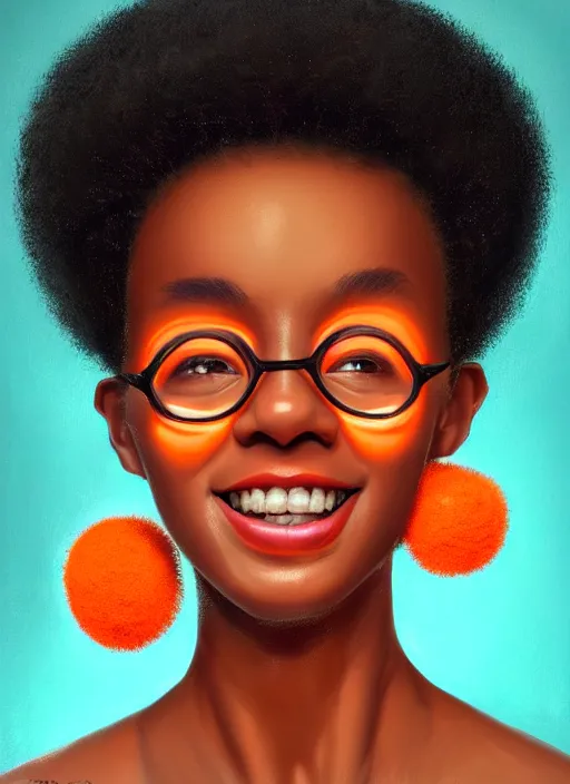 Prompt: portrait of shy black girl, realistic, natural hair, afro puffs, pointy nose, skinny, smile, nerdy, defined jawline, big chin, orange hair bow, earrings, intricate, elegant, glowing lights, highly detailed, digital painting, artstation, sharp focus, illustration, art by wlop, mars ravelo and greg rutkowski