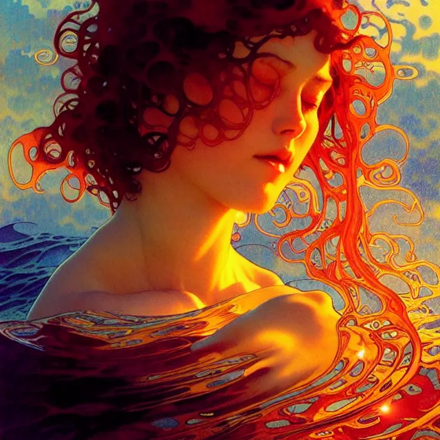 Image similar to mind bending ocean waves of glossy liquid psychedelic honey drops flowing like psychedelic translucent amber, lsd waves, lsd ripples, backlit, sunset, refracted lighting, art by collier, albert aublet, krenz cushart, artem demura, alphonse mucha