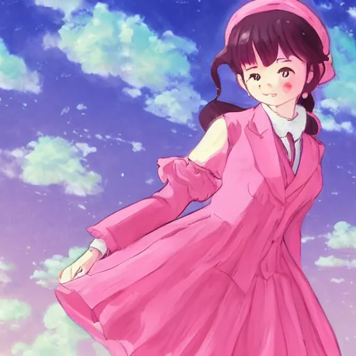 Image similar to Karl Marx wearing pink dress, cute smile, dancing, art by makoto shinkai, anime art, trending on artstation, pink hair