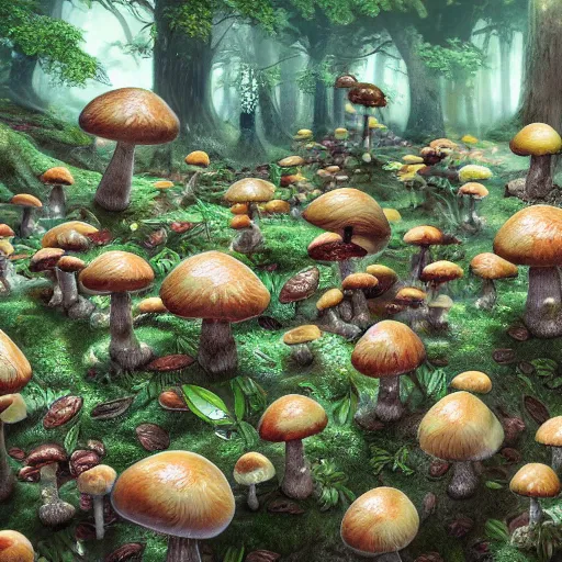 Prompt: hyper detailed mushroom munchkins in the forest digital art, 4k, trending on artstation studio lighting