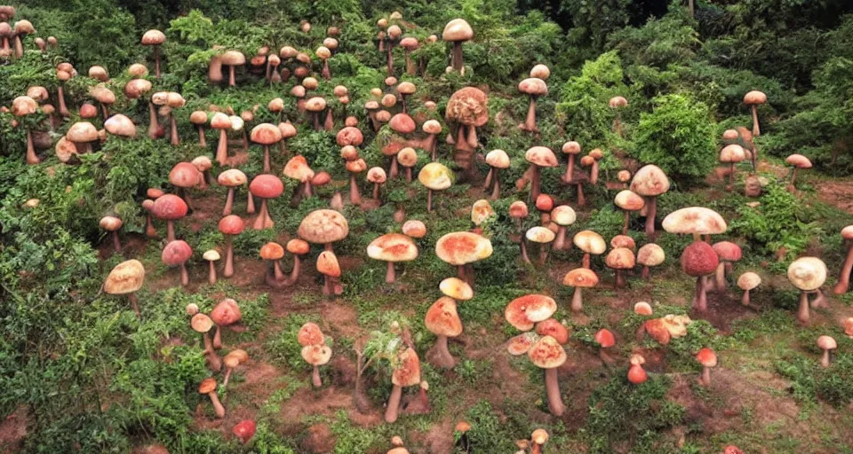 Prompt: A tribal village in a forest of giant mushrooms, by a 8 years old kid,