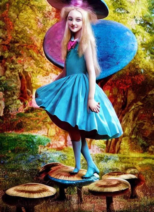 Prompt: annie leibovitz photoshoot of young dakota fanning as alice from alice in wonderland, sitting on a giant mushroom, vibrant colors, atmospheric, mist, magical, fantasy, studio lighting, soft focus