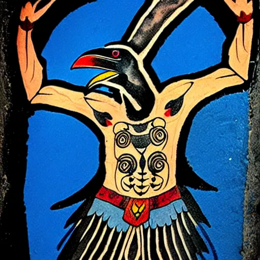 Image similar to raven - shaman with tatoo, prehistoric cave painting