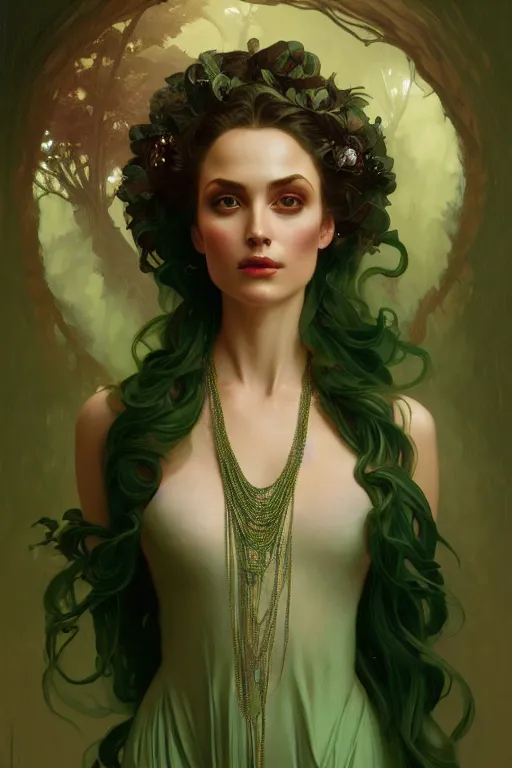 Image similar to highly detailed oil painting, ombre velvet gown, beautiful elegant dryad, beautiful face by leyendecker, feathers, long hair, muted green, dozens of jeweled necklaces, by greg rutkowski, brom, anato finnstark, alphonse mucha, cinematic lighting