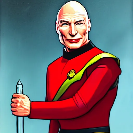 Image similar to a hyper real comic book style portait painting of captain picard with a red dress and lipstick