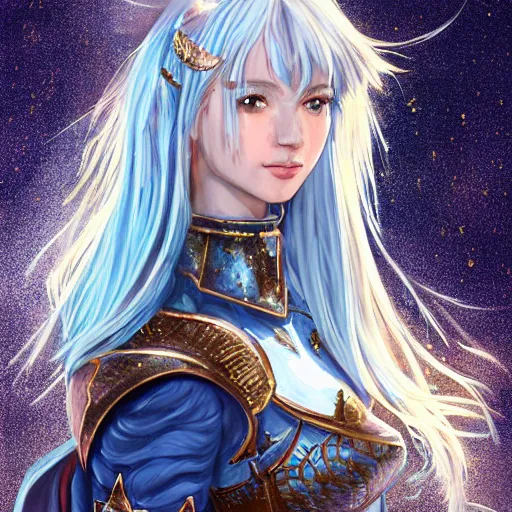 Image similar to portrait knights of Zodiac girl, main in white and second metalic blue color reflected armor, in ruined Agora of Athens luna night and firefly and star sparkles, ssci-fi, fantasy, intricate, very very beautiful, elegant, golden light, highly detailed, digital painting, artstation, concept art, smooth, sharp focus, illustration, art by tian zi and WLOP and alphonse mucha