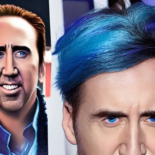 Image similar to nicholas cage with blue hair