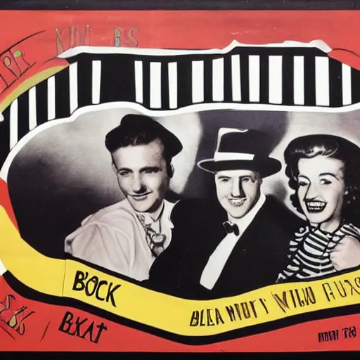 Image similar to poster for a 1 9 5 0 s road show for a band, black and white