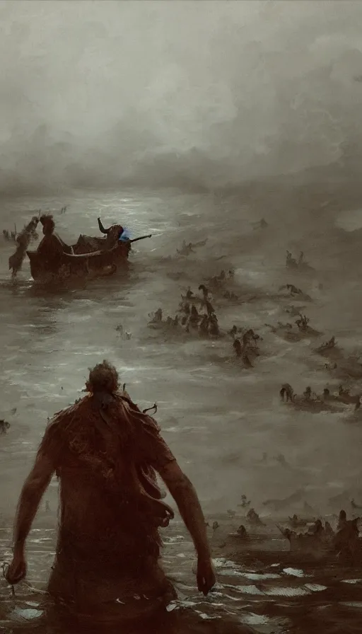 Image similar to man on boat crossing a body of water in hell with creatures in the water, sea of souls, by jakub rozalski