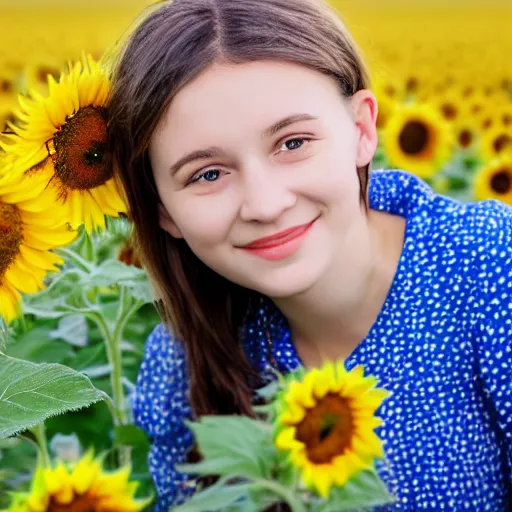 Prompt: Portrait, Photo of a Ukrainian girl Smiling at the camera, Beautiful pretty young, flowers in her dark hair, Scene: Sunflower field, Colors: Yellow sunflowers, blue cloudy sky, In a style of Real-Life Natural Photo