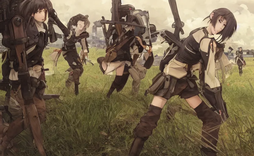 Image similar to panoramic of girl fighting, soldier clothing, battlefield in background, anime style, short hair, hair down, symmetrical facial features, from arknights, hyper realistic, 4 k, rule of thirds, extreme detail, detailed drawing, safebooru, hd, d & d, realistic lighting, by alphonse mucha, greg rutkowski, sharp focus, backlit