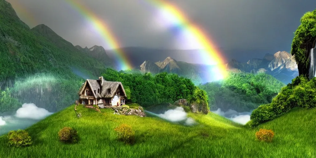 fluffy, cloudy, rainbows, green, grass, waterfalls, | Stable Diffusion ...