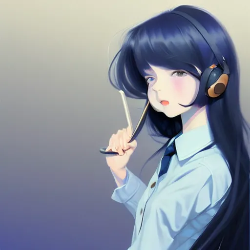 Image similar to urban school girl in shirt fanart, dark blue long hair, muted colors, matte print, pastel colors, ornate, digital art, cute smile, digital painting, fan art, elegant, pixiv, by Ilya Kuvshinov, by Studio Ghibli