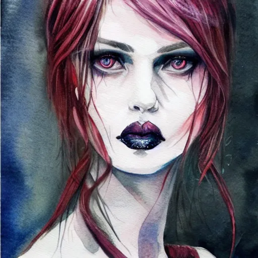 Image similar to watercolor art on paper, scorpio girl portrait gothic, highly detailed, artstation, masterpiece, award - winning