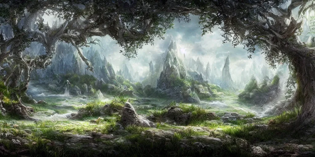 Prompt: a fantasy landscape with white beautiful trees, jesus, perfect faces