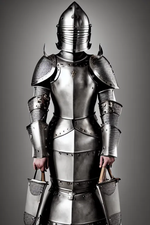 Image similar to medieval female knight, armor design by louis vuitton in collaboration with versace, no helmet, symmetrical, cinematic, elegant, demonic atmosphere, professional studio light, real dlsr photography, sharp focus, 4 k, ultra hd, sense of awe