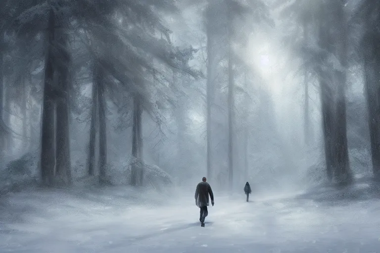 Image similar to portrait of Christopher Walken walking in a snowy pine forest, elegant, trending on artstation, highly detailed, digital painting, volumetric light, concept art, middle focus, illustration, lighting by Marc Adamus