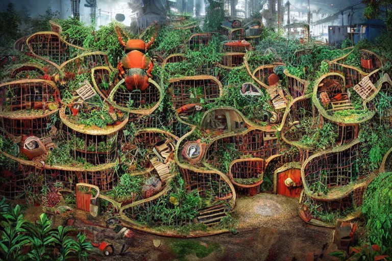 Prompt: favela lobster labyrinth hive, wooded environment, industrial factory, soothing, whimsical, award winning art, epic dreamlike fantasy landscape, ultra realistic,