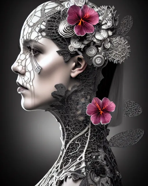Image similar to monochrome profile portrait painting, dutch masters, silver lace floral steampunk biomechanical beautiful young female cyborg with one techno eye, volumetric light, leaves foliage and stems, hibiscus flowers, sinuous fine roots, fine foliage lace, alexander mcqueen, rim light, big gothic fashion floral pearl embroidered collar, 8 k