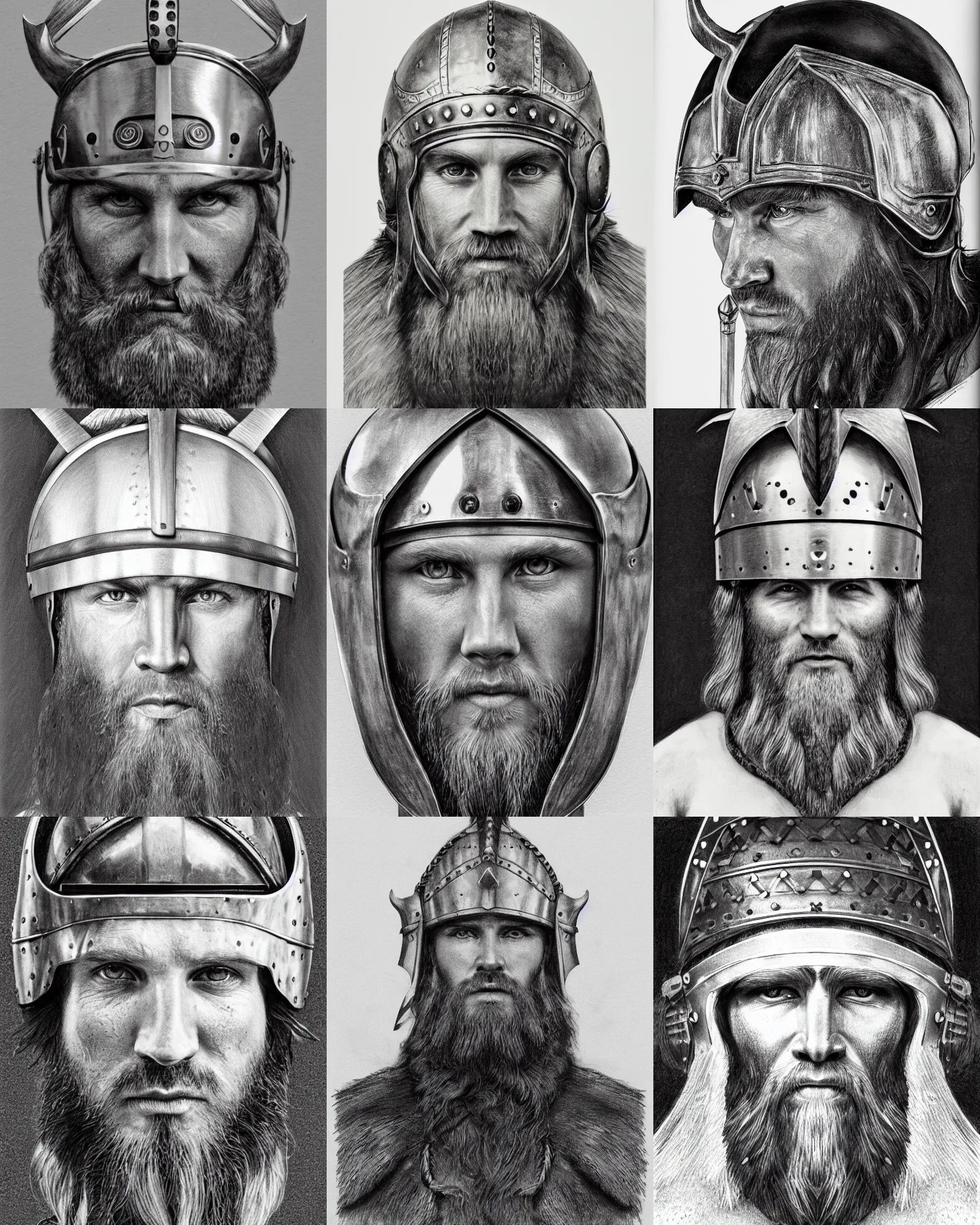 Prompt: pencil drawing a head of a beared viking wearing nordic helmet, white wall background, front face symmetrical, by lui ferreyra