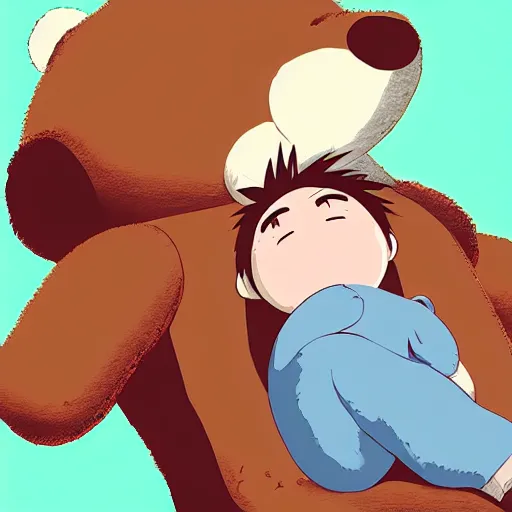 Image similar to young man burying his face on the belly of a giant teddy bear, screaming, cute, studio Ghibli, digital painting,