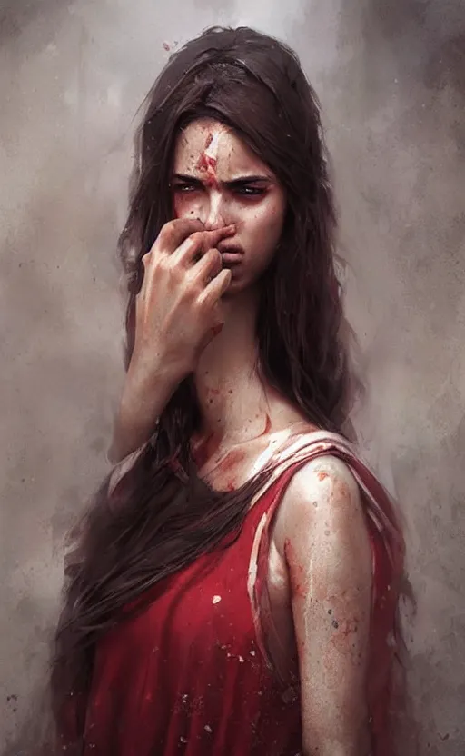 Image similar to The most beautiful arabian girl in the world crying blood ,digital art,ultra realistic,ultra detailed, ultra wide Lens, art by greg rutkowski