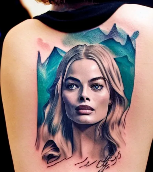 Image similar to tattoo design sketch double exposure of margot robbie and beautiful mountain scenery, creative mash up, in the style of arlo dicristina, surrealist, amazing detail, sharp