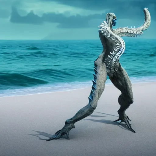 Image similar to stunning cinematic wide shot of a beautiful slick sleek smooth humanoid sea monster wearing clothes made of seaweed on a white sand beach, hands grasping large fulgurites. well designed perfect with slick led eyes, sharp claws, cgsociety, hd octane render, fantasy, furry art, artstation, deviantart, furaffinity, very very clean