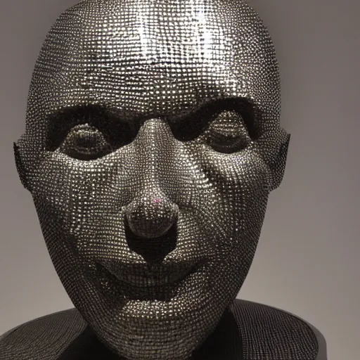 Prompt: sculpture of a head made from stainless steel staples, museum art, high concept, photorealistic, high resolution, dramatic lighting, modern art