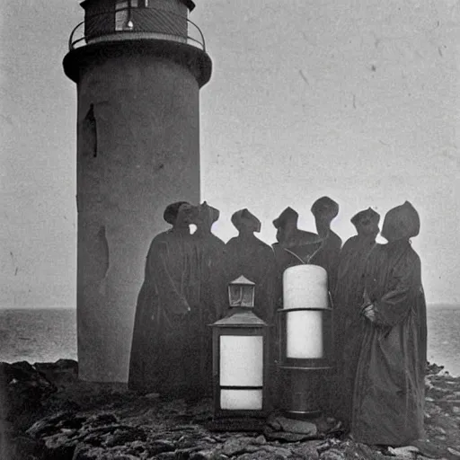 Image similar to worshippers dressed in robes and holding lanterns, belonging to the cult of the lighthouse. Dilapidated 1800s lighthouse. 1800s photo. Very detailed and clear image.