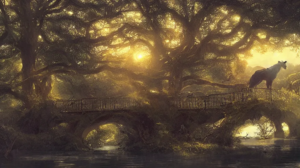 Image similar to over a tree wreathed with vines fly evening crows, under a small bridge near a cottage a stream flows, a lean horse goes on bridge, sunset, by charlie bowater, by greg rutkowski