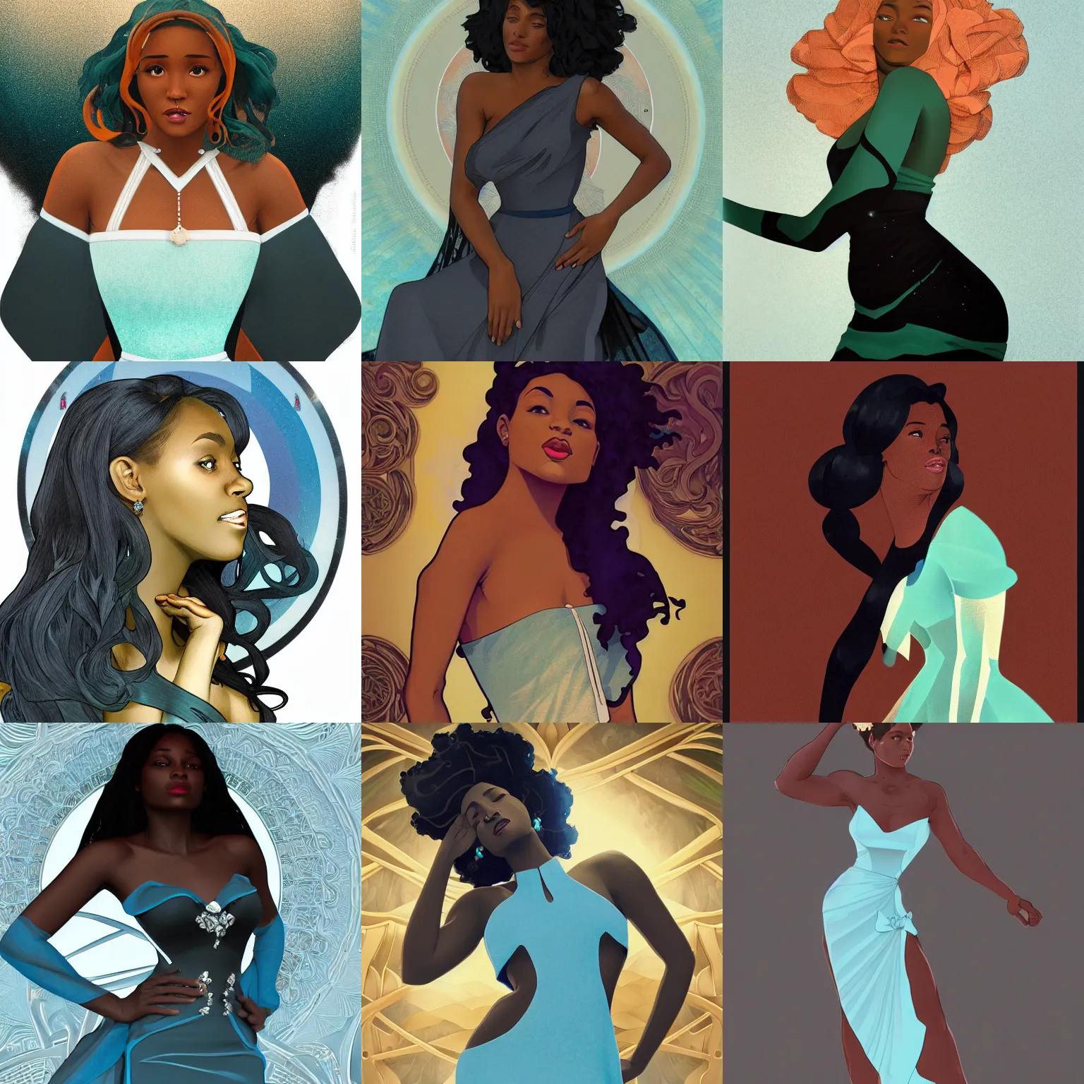 Prompt: beautiful black woman in a aquamarine cutout dress with white trim, as seen on artgerm, octane render, in the style of alphonse mucha, ultra realistic, highly detailed, 8 k