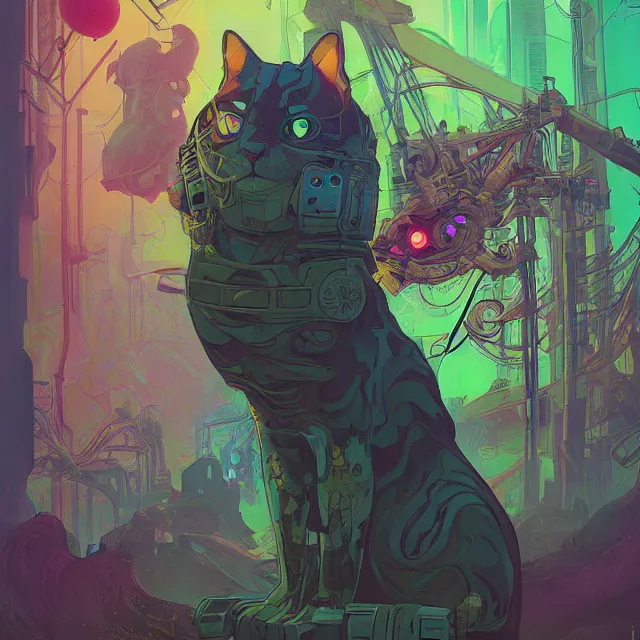 Prompt: a beautiful portrait painting of a ( cyberpunk ) cat by simon stalenhag and pascal blanche and alphonse mucha!! and nekro!. in style of digital art. colorful comic, film noirs, symmetry, vibrating colors, hyper detailed. octane render. trending on artstation