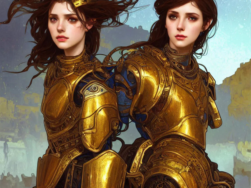 Prompt: portrait brown hair knights of zodiac girl, metalic orange and dark blue reflected armor, in ruined agora of athens, ssci - fi, fantasy, intricate, very very beautiful, elegant, golden light, highly detailed, digital painting, artstation, concept art, smooth, sharp focus, illustration, art by tian zi and wlop and alphonse mucha