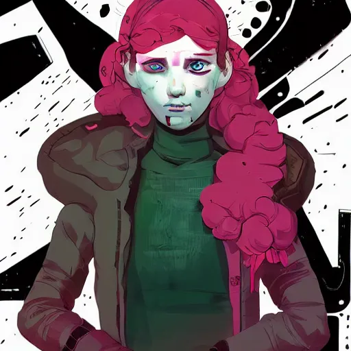 Image similar to Highly detailed portrait of a post-cyberpunk young lady with, freckles and cool hair, with robotic facial enhancements by Atey Ghailan, by Loish, by Bryan Lee O'Malley, by Cliff Chiang, inspired by image comics, inspired by graphic novel cover art, inspired by nier, inspired by scott pilgrim !! Gradient green, black and white color scheme ((grafitti tag brick wall background)), trending on artstation