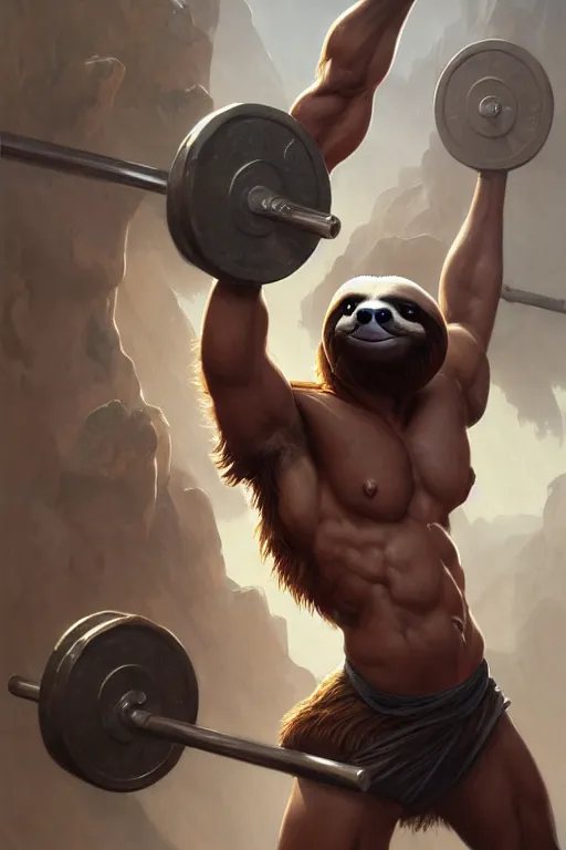 Image similar to anthro sloth lifting weights, dim dingy gym, dynamic pose, fantasy, intricate, elegant, highly detailed, digital painting, artstation, concept art, matte, sharp focus, illustration, art by artgerm and greg rutkowski and alphonse mucha