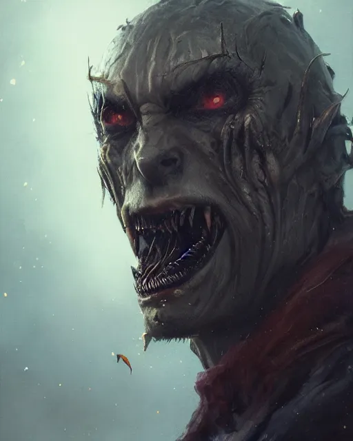 Image similar to A head and shoulder portrait of a demonic creature fully clothed by Greg Rutkowski, Sung Choi, Mitchell Mohrhauser, Maciej Kuciara, Johnson Ting, Maxim Verehin, Peter Konig, final fantasy, 8k photorealistic, cinematic lighting, HD, high details, dramatic, dark atmosphere, trending on artstation