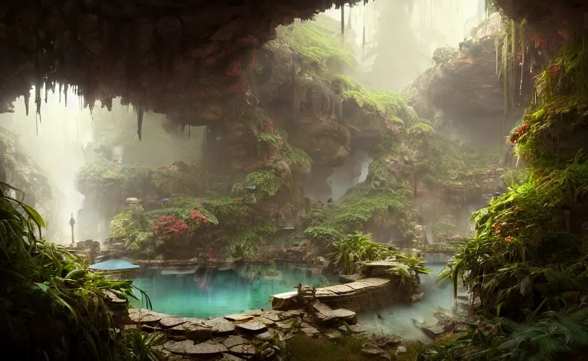 Image similar to painting of an interior of a hot spring in the mountains, fantasy, lush plants and flowers, natural light, concept art, by greg rutkowski and craig mullins, cozy atmospheric and cinematic lighting, trending on artstation