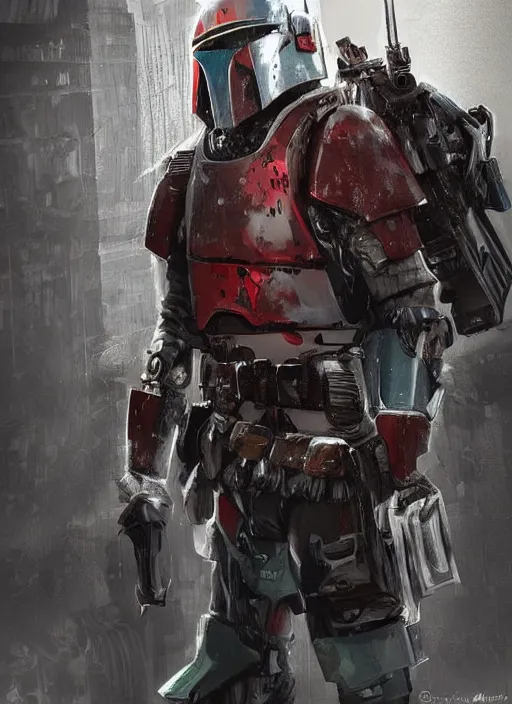 Prompt: cyberpunk heavy armor!! x boba fett, digital art, character mashup, epic volumetric lighting, combination art