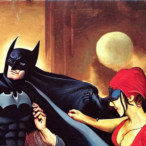 Image similar to batman surprises a woman, baroque painting