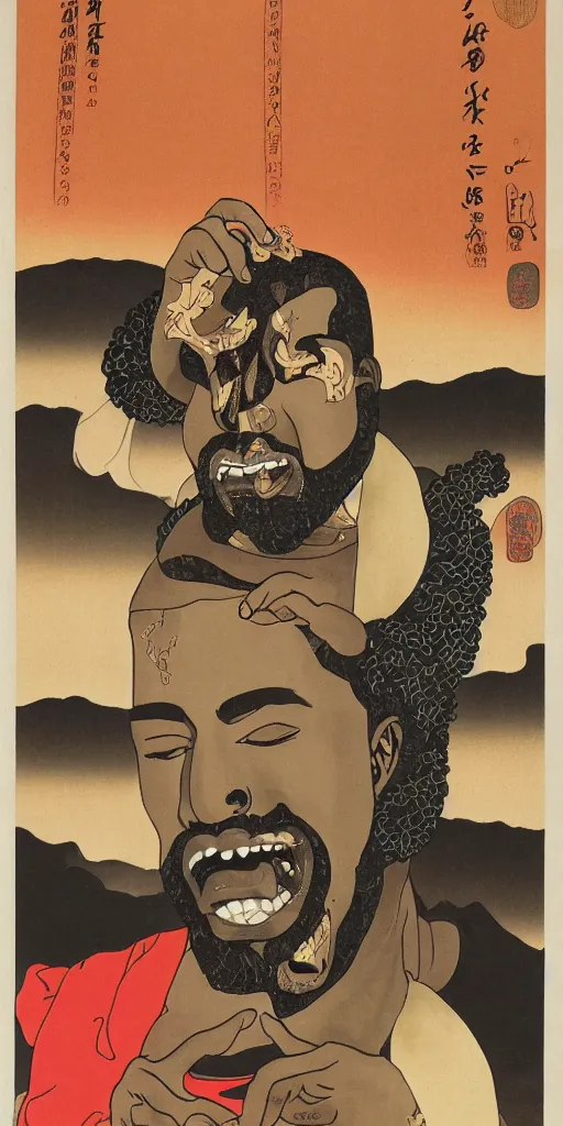 Prompt: a full body portrait of kanye west taking a bite of a giant psychedelic mushroom, ukio-e style,