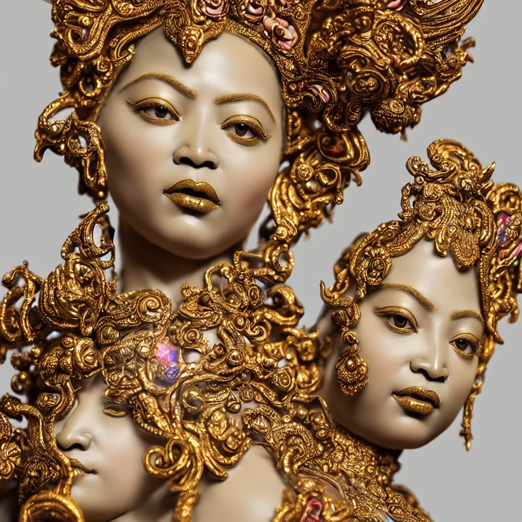 Image similar to a closeup photo - real delicate ceramic porcelain sculpture of an ornate detailed beyonce in front of a intricate background by davinci, micro detail, backlit lighting, subsurface scattering, translucent, thin porcelain, octane renderer, colorful, physically based rendering, trending on cgsociety