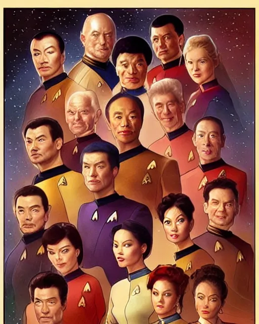 Image similar to Portrait of Star Trek TNG cast but they are chinese, real life skin, intricate, elegant, highly detailed, artstation, concept art, smooth, sharp focus, art by artgerm and greg rutkowski and alphonse mucha