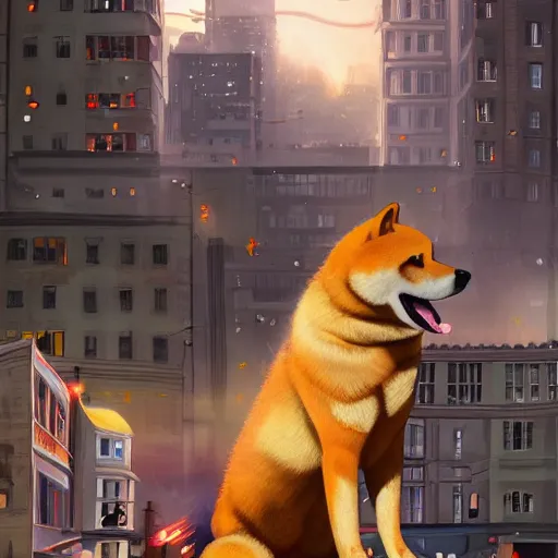 Prompt: giant shiba inu destroying a city, digital art, trending on artstation, highly detailed